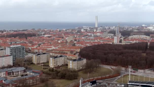 Malmo Stadium City Buildings Sweden Aerial Reverse Shot — 비디오
