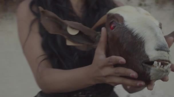 Circling Young Woman Dark Lipstick Who Holds Taxidermy Goat Head — Stock Video