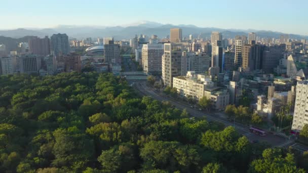 背景に山のシルエットを背景に晴れた日に台湾を背景に緑の大安公園や台北の街並みの空中飛行 Prores Drone Shot — ストック動画