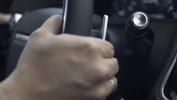 Man Hand Touching Gear Shift Levers Steering Wheel — Stock Video