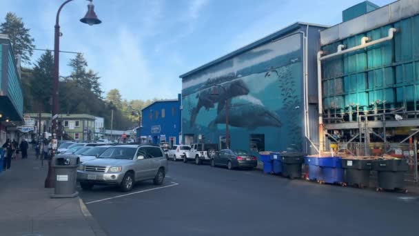 Autos Estacionados Fuera Tienda Pacific Seafood Retail Newport Oregon Ancho — Vídeo de stock