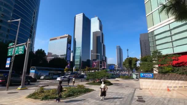 永同大路の交通と三成駅周辺の人々 Coex World Trade Center Seoul Wtc 韓国昼間の広い静的時間経過 — ストック動画