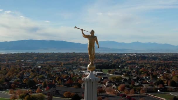 Angel Moroni Socha Lds Mormon Temple Výhledem Krásné Utah Letecké — Stock video