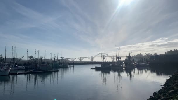 Porto Newport Barcos Comerciais Flutuando Baía Calma Com Ponte Baía — Vídeo de Stock