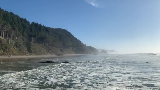 Берег Орегона Океанскими Волнами Идущими Пляж Туманным Фоном Широкий Выстрел — стоковое видео