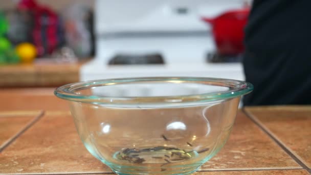 Pouring Wild Black Rice Glass Bowl Preparation Cooking Slow Motion — Stock Video