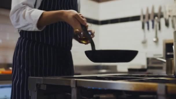 Movimento Lento Cozinhar Chef Lançando Comida Panela Uma Cozinha Profissional — Vídeo de Stock