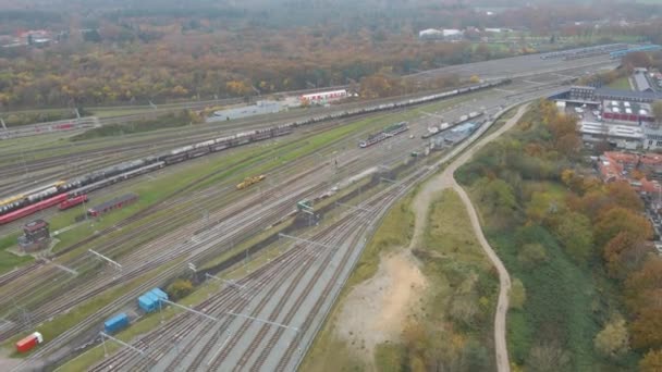 Luchtfoto Van Een Lange Goederentrein Die Langzaam Het Spoor Rijdt — Stockvideo