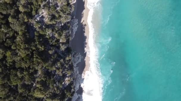 Sardinischer Sandstrand Mit Felsen Und Wald Von Oben Wellen Brechen — Stockvideo