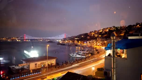 Istanbul Night Time Lapse Bredvid Vibrant Street Och Bosporusbron — Stockvideo