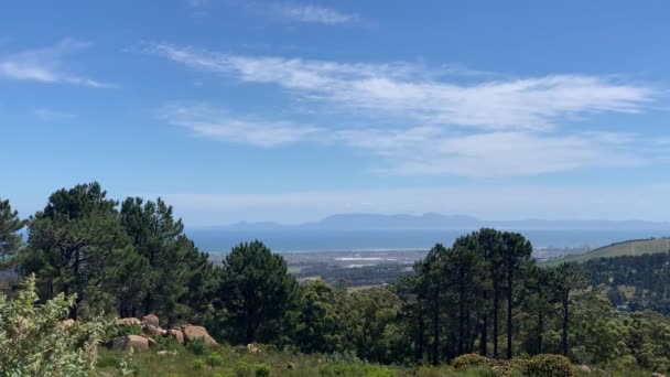 Große Bäume Fynbos Farm Landseite Mit Meerblick Auf False Bay — Stockvideo