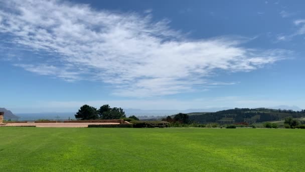 Grünes Gras Und Ein Mann Statue Meer Ansichten Blauer Himmel — Stockvideo