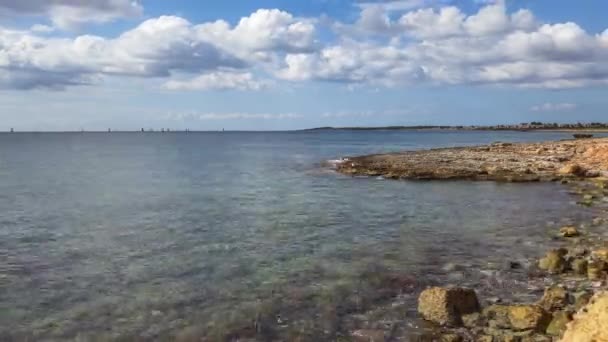 Timelapse Cliffs Mallorca Waves Clouds Moving Boats Background Passing Smooth — Stock Video