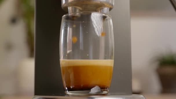 Café Fresco Marrom Dourado Gotejando Vidro Transparente Uma Máquina — Vídeo de Stock