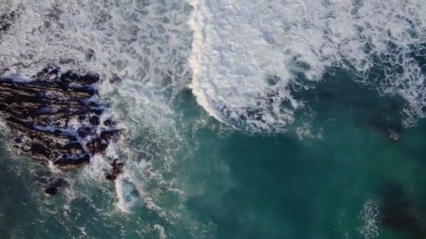 Waves Break Rocky Coastline Top Aearial Drone Abstract View — Stock Video