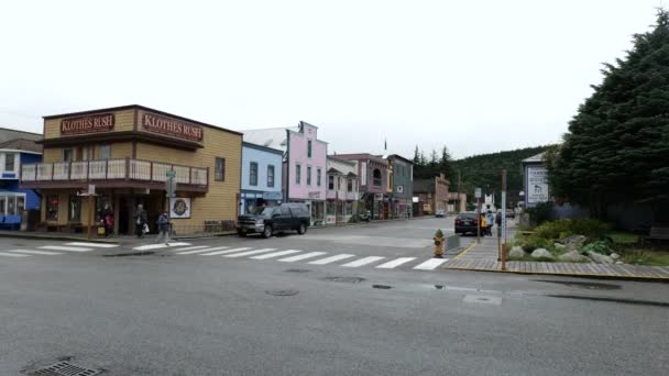 Aufnahme Der Innenstadt Geschäftsviertel Der Alten Historischen Goldgräberstadt Skagway Alaska — Stockvideo
