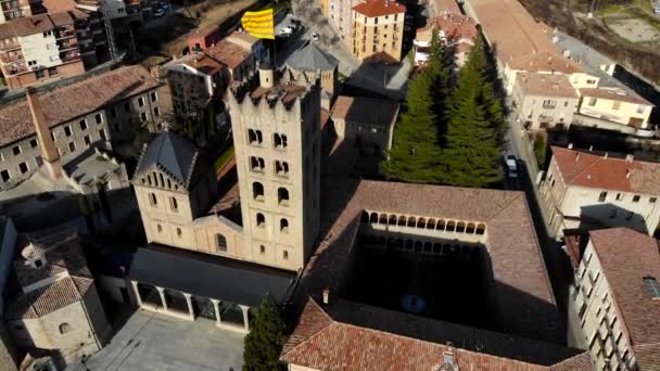 Aerial Benedictine Monastery Santa Maria Ripoll — 图库视频影像