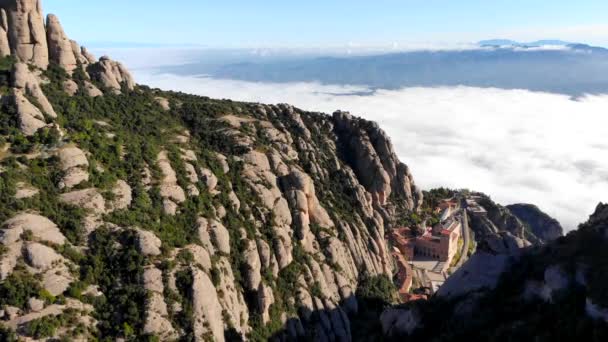 Aerial Montserrat Benedictine Monastery Catalonia — Stock Video