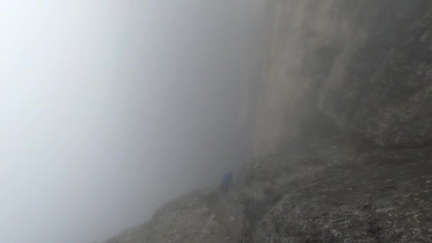 Zeer Filmische Beelden Van Een Bergbeklimmer Die Een Steile Rots — Stockvideo