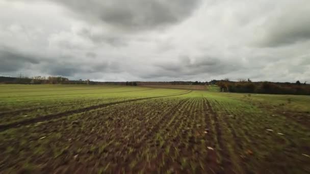 Aerial Arado Ranhuras Campo Fazenda Cumes Dia Nublado Sombrio Voando — Vídeo de Stock