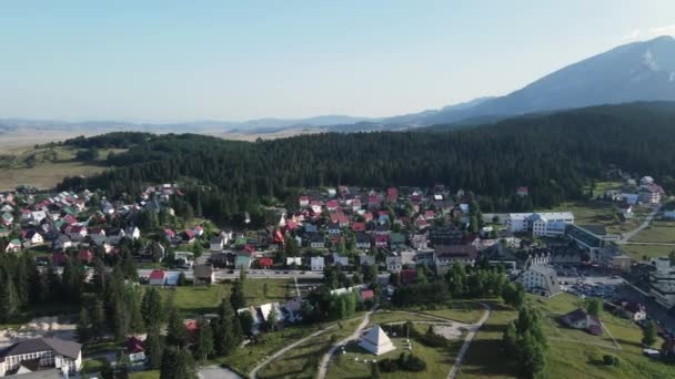黑山Durmitor山国家公园绿景中的Zabljak镇 无人机空中视图 — 图库视频影像