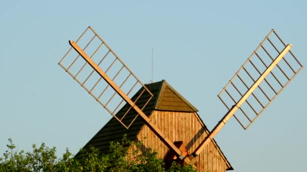 Blick Auf Eine Historische Hölzerne Mühle Und Ihre Klingen Die — Stockvideo