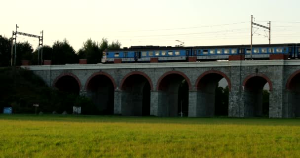 Železniční Viadukt Projíždějícím Osobním Vlakem Přes Most — Stock video