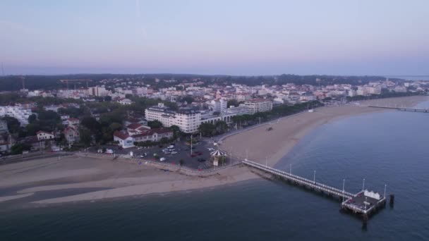 Majestuosa Ciudad Arcachon Con Muelle Costero Playa Arena Vista Aérea — Vídeo de stock