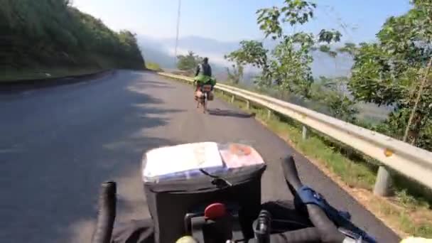 Pov Pont View Vietnamese Riding Bicycle Mountain Pavement Road — Stock Video