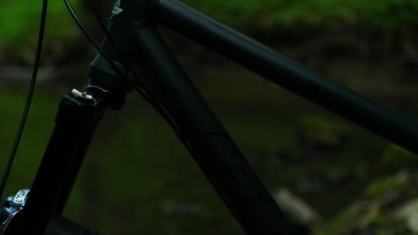 Detailweergave Van Een Mountainbike Skelet Midden Een Bos — Stockvideo