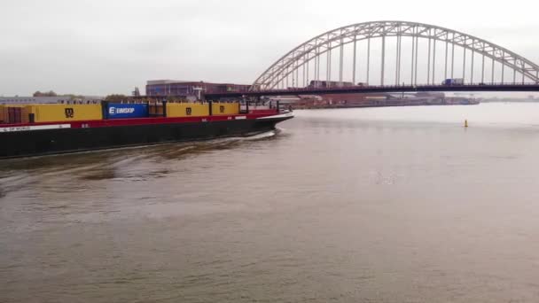 Bolero Cargo Ship Approaching Bridge Noord Hendrik Ido Ambacht Aerial — Stock Video