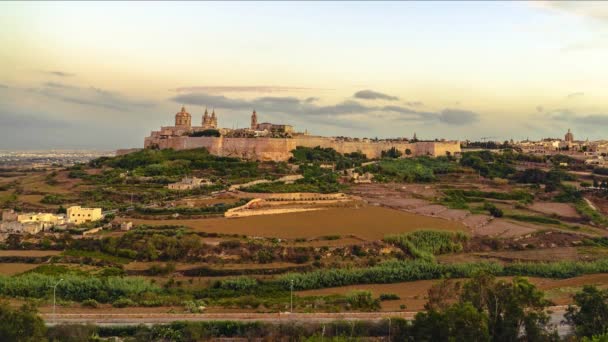 Timelapse Overlooking Old City Mdina Sunset — Stock Video