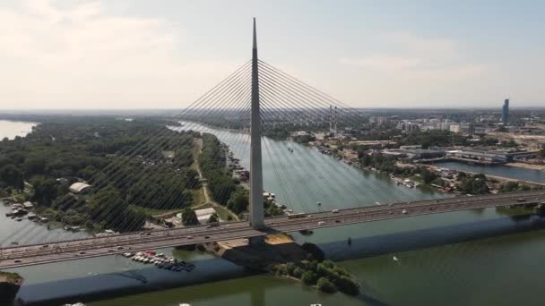 Ponte Ada Belgrado Serbia Drone Vista Aerea Traffico Autostradale Sopra — Video Stock