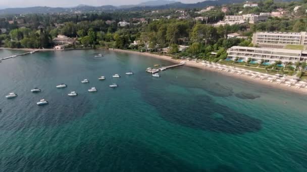 Luftaufnahme Des Dassia Strandes Auf Korfu Sommer — Stockvideo