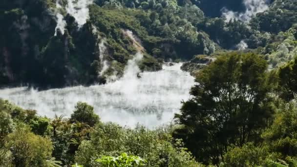 夏の間 ニュージーランドの緑豊かな荒野でフライパン湖を飛ぶ硫黄蒸気の広いショット — ストック動画