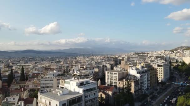 Flygfoto Över Centrala Stadsdelen Aten Grekland Downtown Skyline Soliga Sommardagen — Stockvideo