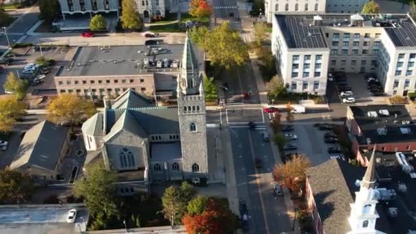 Downtown Concord New Hampshire Letecký Pohled První Církev Kristova Vědec — Stock video