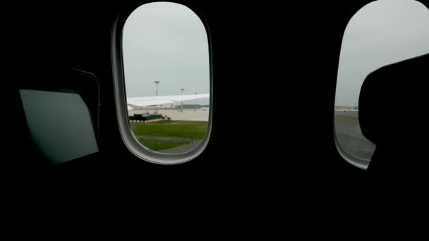 Airplane Preparing Take Moving Airport Runway Passenger Seat Window View — Stock Video