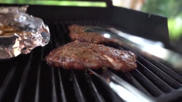 Movimento Lento Lançando Bife Grelhando Churrasco Verão — Vídeo de Stock