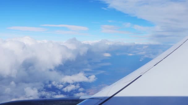 Avião Jato Voando Nuvens Brancas Fofas Vista Dentro Com Asa — Vídeo de Stock