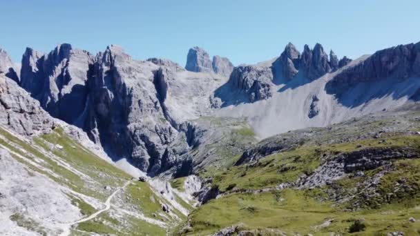 Moss Grass Covering Rocky Dolomite Mountains Italy Air Shot — Stock video