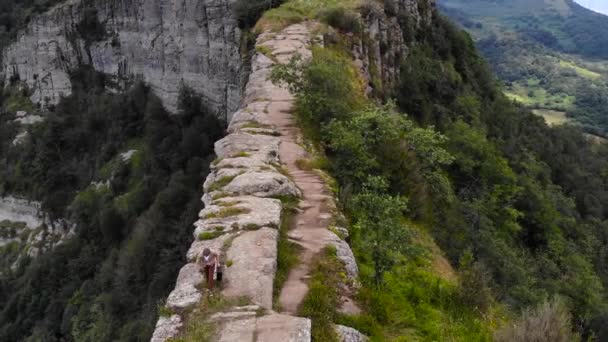 Luftaufnahme Eines Mannes Mit Einem Koffer Der Auf Einer Klippe — Stockvideo