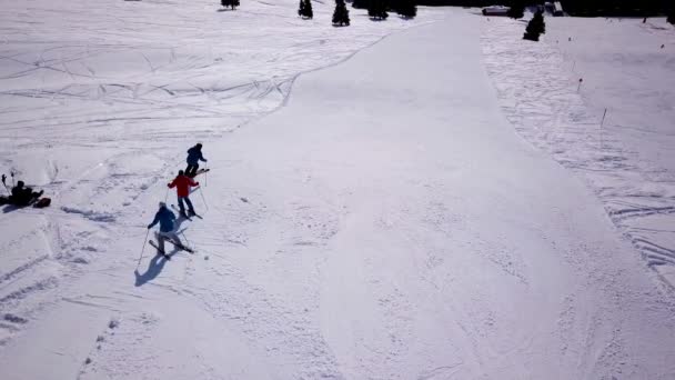 Aerial Ośrodka Narciarskiego Górach Słonecznych Sosnowym Lasem Narciarze Zjeżdżają Stoku — Wideo stockowe