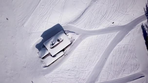 Luchtfoto Van Skigebied Zon Bergen Met Dennenbos Skiërs Rijden Bij — Stockvideo