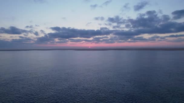 Aerial Static Calm Ocean Horizon Plain Sunset Clouds Sky — Stock Video
