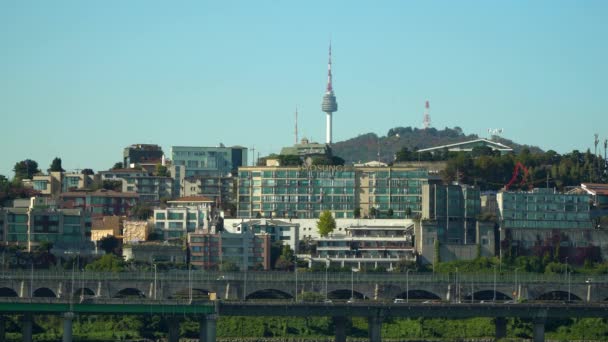 Seoel Namsan Toren Boven Yongsan District Stedelijke Skyline Overdag Verkeer — Stockvideo