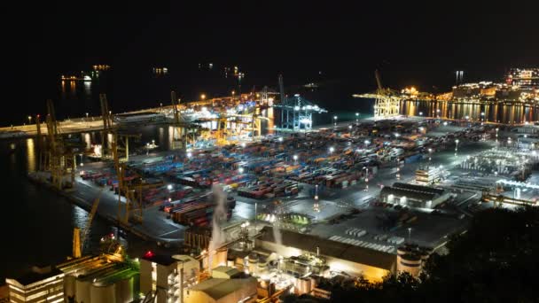 一个繁忙的港口在夜晚的时候 时间过得多姿多彩 静态概览 — 图库视频影像