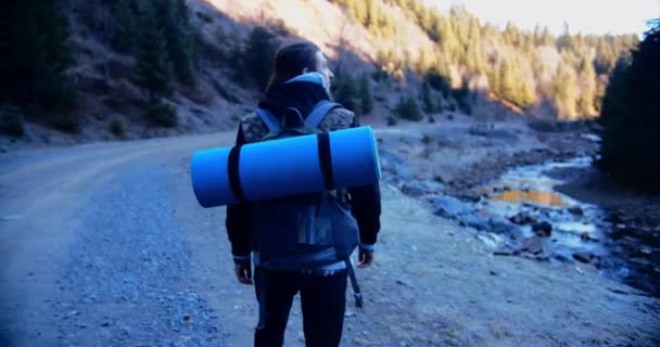 Viajero Masculino Caminando Por Carretera Con Mochila Bosque Cerca Del — Vídeos de Stock