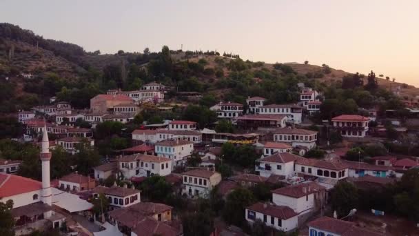 Ancient City Mountains Houses Church Sunset Cinematic Aerial Shot — Stock Video
