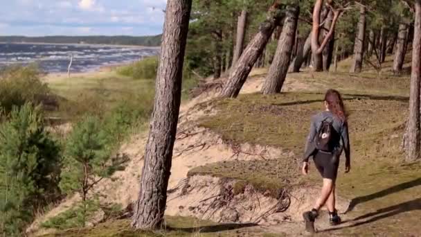 Dívka Sólo Turistika Lesní Stezce Dunách Moře Žena Kráčející Přírodě — Stock video